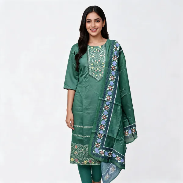 Green_Cotton_Embroidered_Kurta_Dupatta_Set_For_Women
