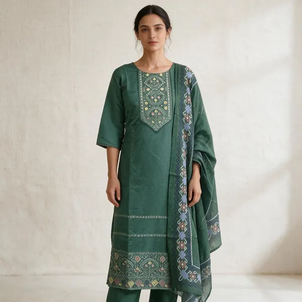 Green_Cotton_Embroidered_Kurta_Dupatta_Set_For_Women