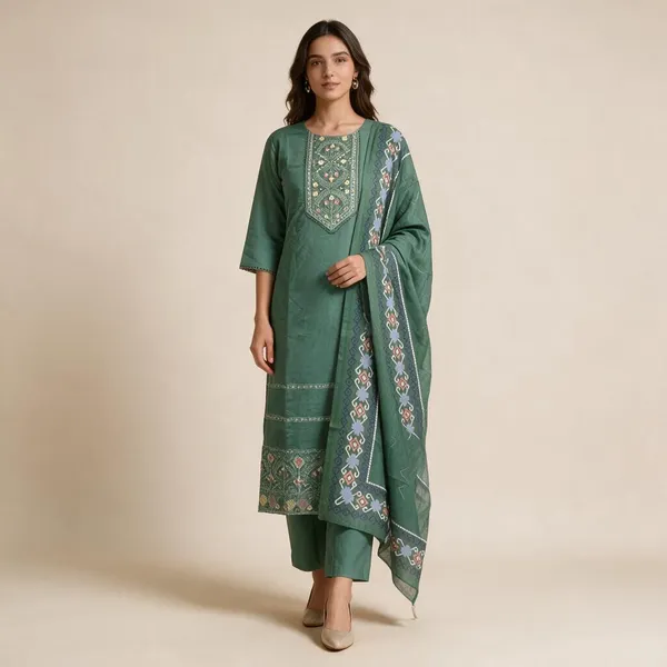 Green_Cotton_Embroidered_Kurta_Dupatta_Set_For_Women