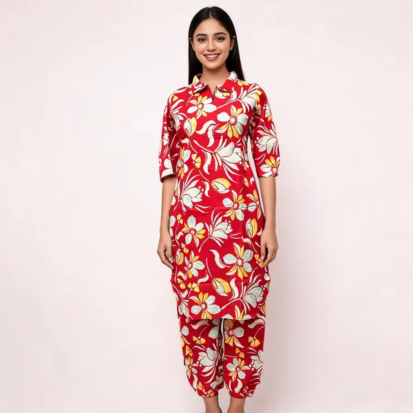 Red_Rayon_Floral_Print_Kurta_Set_For_Women