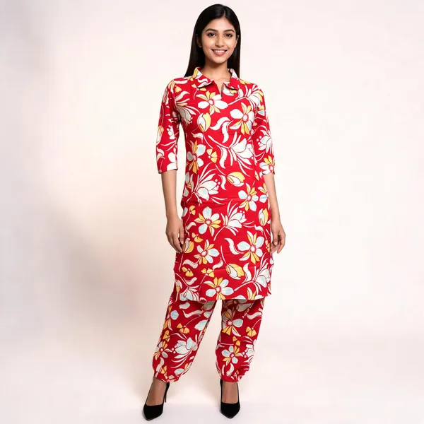 Red_Rayon_Floral_Print_Kurta_Set_For_Women