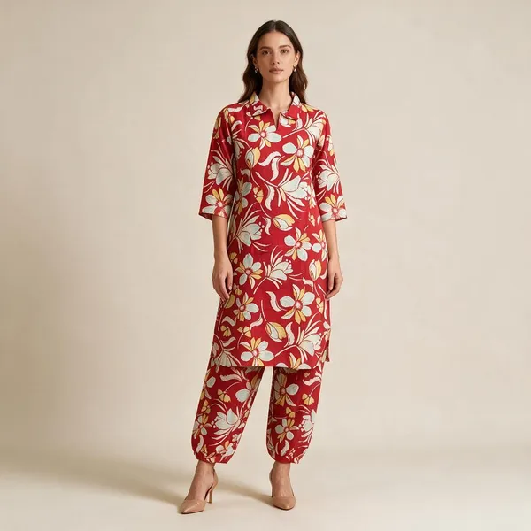 Red_Rayon_Floral_Print_Kurta_Set_For_Women