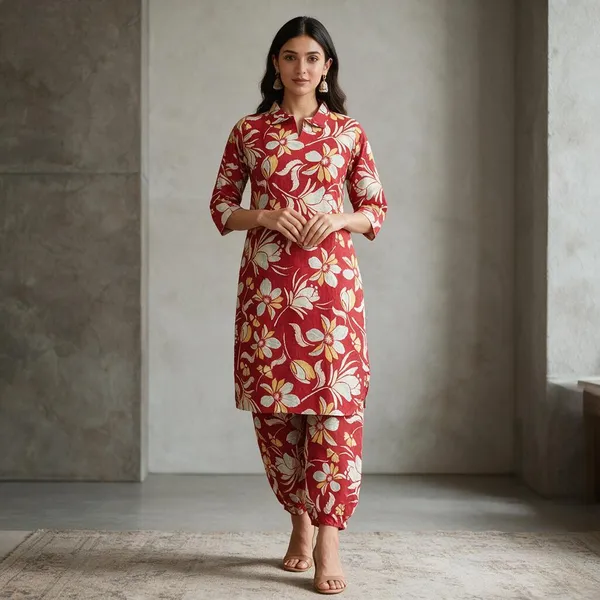 Red_Rayon_Floral_Print_Kurta_Set_For_Women