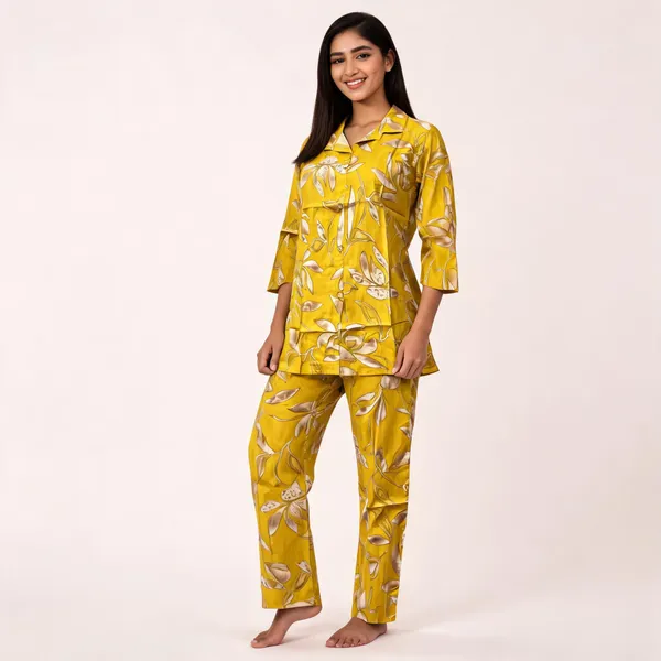 Yellow_Viscose_Rayon_Relaxed_Fit_Three_Quarter_Sleeve_Night_Suit_For_Women