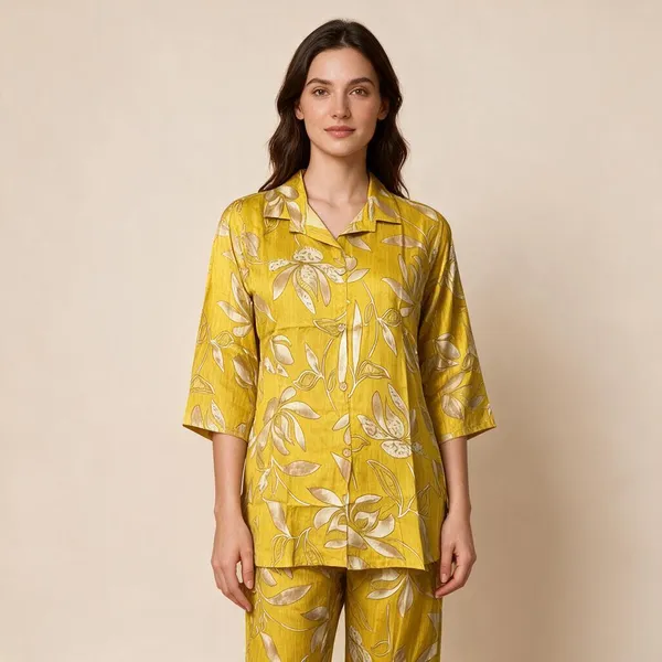 Yellow_Viscose_Rayon_Relaxed_Fit_Three_Quarter_Sleeve_Night_Suit_For_Women