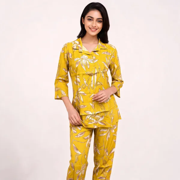 Yellow_Viscose_Rayon_Relaxed_Fit_Three_Quarter_Sleeve_Night_Suit_For_Women