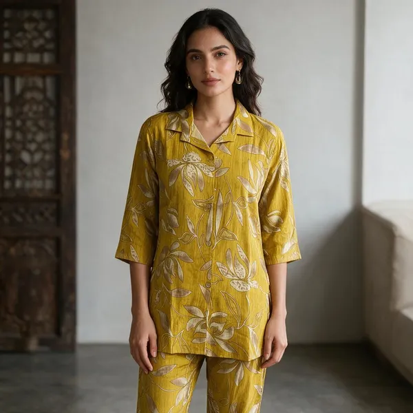 Yellow_Viscose_Rayon_Relaxed_Fit_Three_Quarter_Sleeve_Night_Suit_For_Women