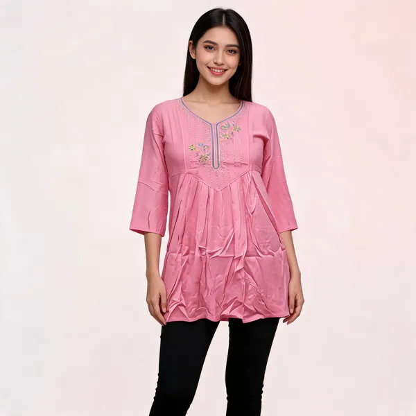 Pink_Rayon_Embroidered_Flared_Kurti_For_Women
