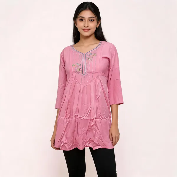 Pink_Rayon_Embroidered_Flared_Kurti_For_Women
