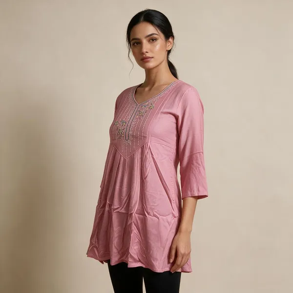 Pink_Rayon_Embroidered_Flared_Kurti_For_Women