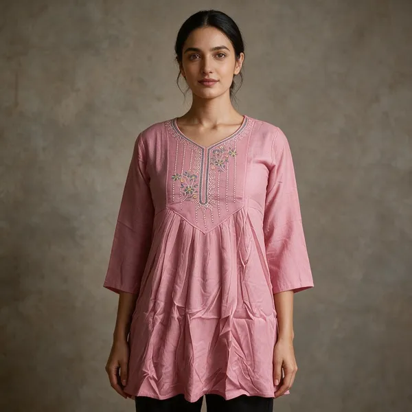 Pink_Rayon_Embroidered_Flared_Kurti_For_Women