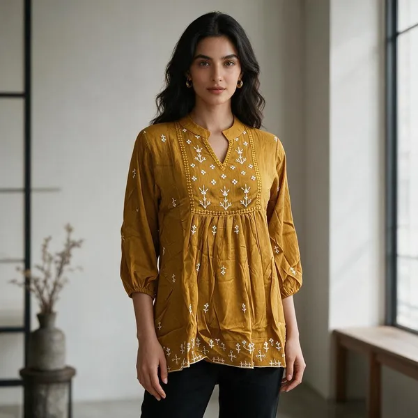Mustard_Cotton_Embroidered_Flared_Kurta_For_Women