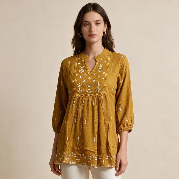 Mustard_Cotton_Embroidered_Flared_Kurta_For_Women