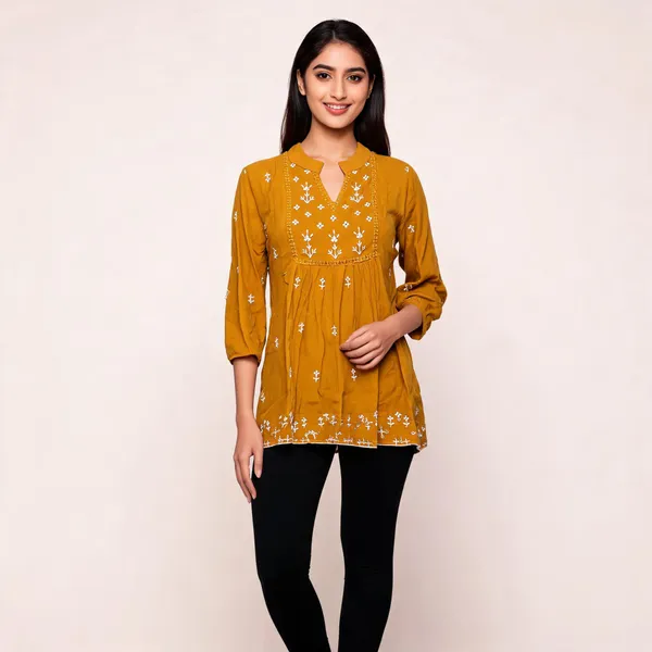 Mustard_Cotton_Embroidered_Flared_Kurta_For_Women