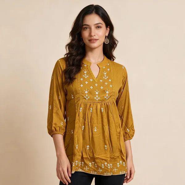 Mustard_Cotton_Embroidered_Flared_Kurta_For_Women