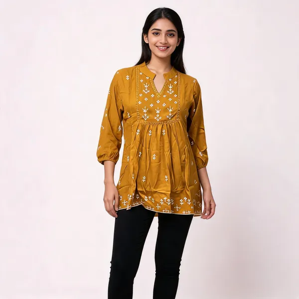 Mustard_Cotton_Embroidered_Flared_Kurta_For_Women