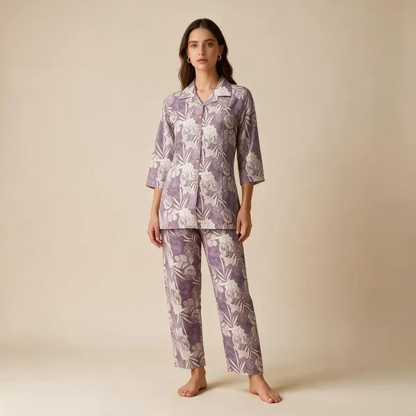 Purple_Silk_Blend_Floral_Print_Pajama_Set_For_Women
