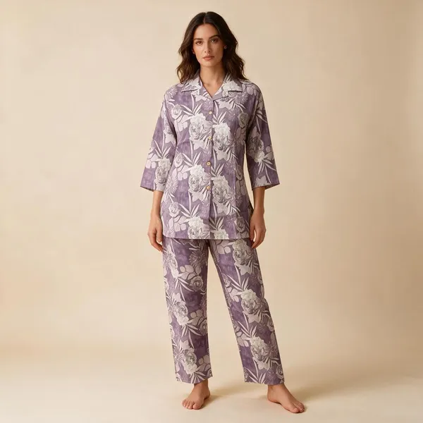 Purple_Silk_Blend_Floral_Print_Pajama_Set_For_Women