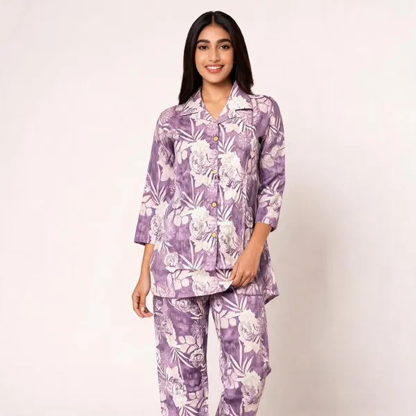 Purple_Silk_Blend_Floral_Print_Pajama_Set_For_Women