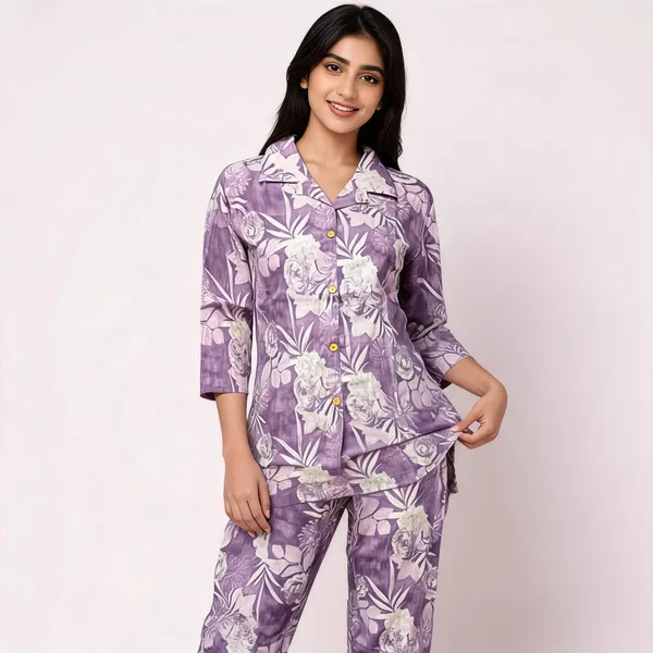 Purple_Silk_Blend_Floral_Print_Pajama_Set_For_Women