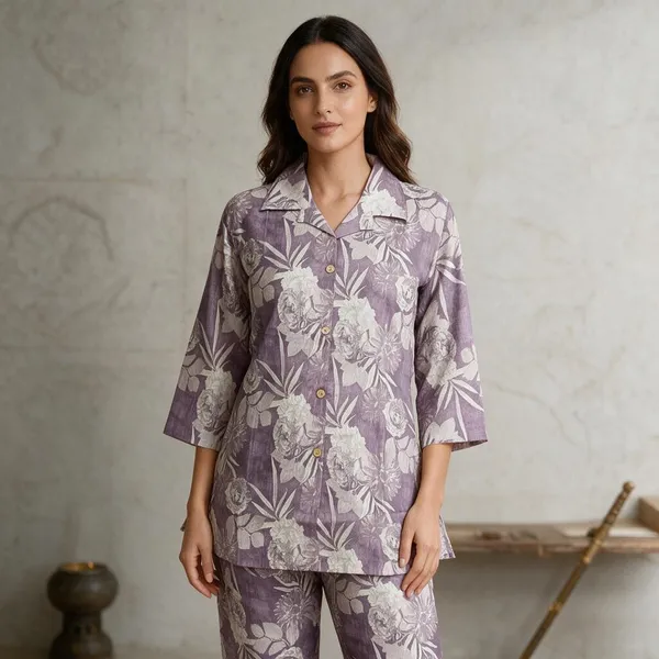 Purple_Silk_Blend_Floral_Print_Pajama_Set_For_Women