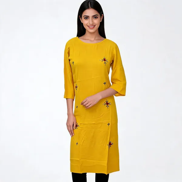 Mustard_Yellow_Cotton_Embroidered_Straight_Kurta_For_Women