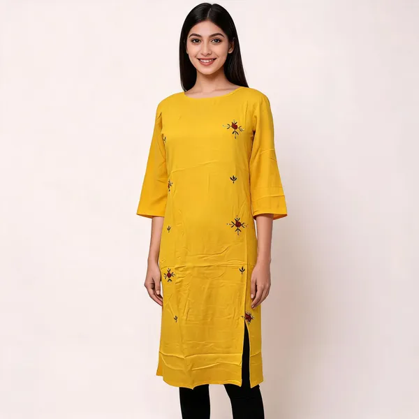 Mustard_Yellow_Cotton_Embroidered_Straight_Kurta_For_Women