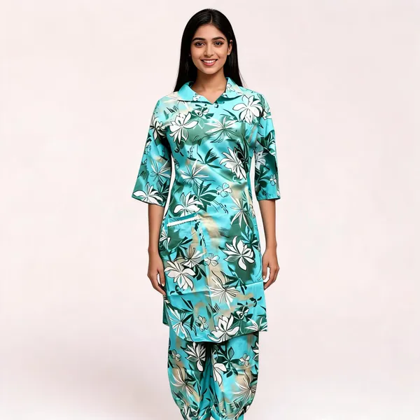 Turquoise_Roman_Silk_Floral_Print_Straight_Kurta_Set_For_Women