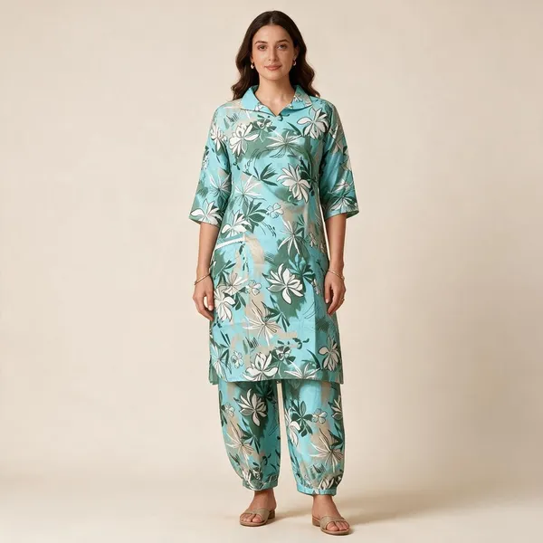 Turquoise_Roman_Silk_Floral_Print_Straight_Kurta_Set_For_Women