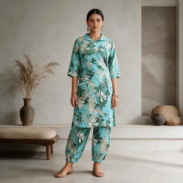Turquoise_Roman_Silk_Floral_Print_Straight_Kurta_Set_For_Women