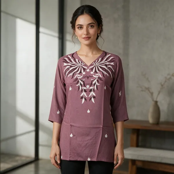 Mauve_Cotton_Blend_Embroidered_Straight_Kurti_For_Women