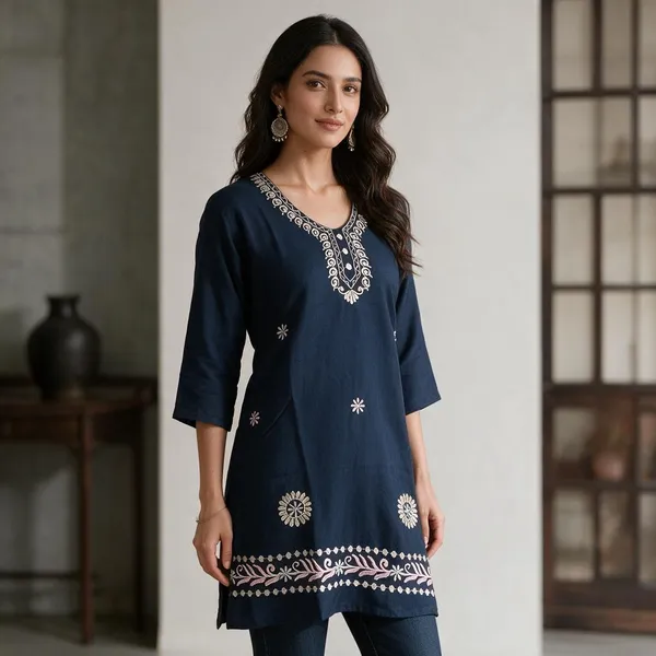 Navy_Blue_Silk_Blend_Straight_Kurti_For_Women