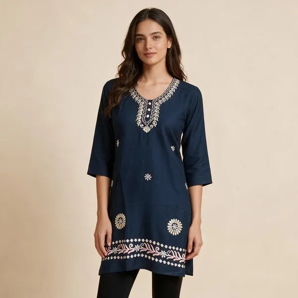 Navy_Blue_Silk_Blend_Straight_Kurti_For_Women