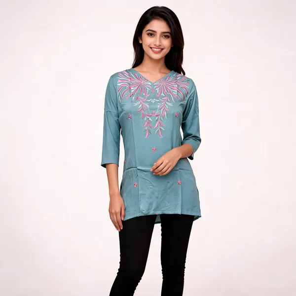 Blue_Silk_Blend_Straight_Kurti_For_Women