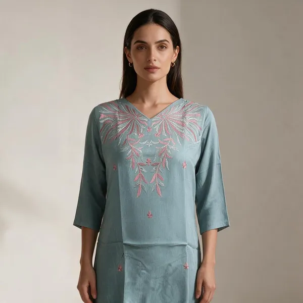 Blue_Silk_Blend_Straight_Kurti_For_Women