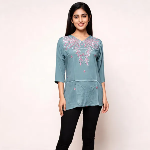 Blue_Silk_Blend_Straight_Kurti_For_Women