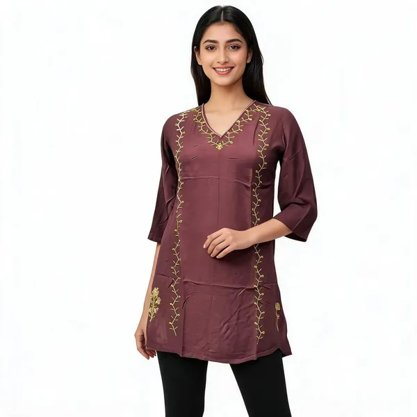 Brown_Jacquard_Silk_Embroidered_Straight_Kurti_For_Women