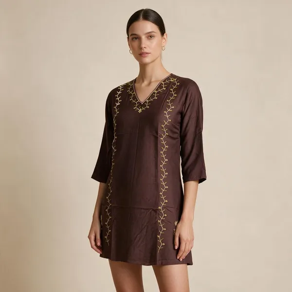 Brown_Jacquard_Silk_Embroidered_Straight_Kurti_For_Women