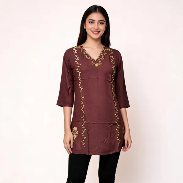 Brown_Jacquard_Silk_Embroidered_Straight_Kurti_For_Women