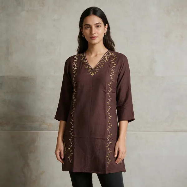 Brown_Jacquard_Silk_Embroidered_Straight_Kurti_For_Women