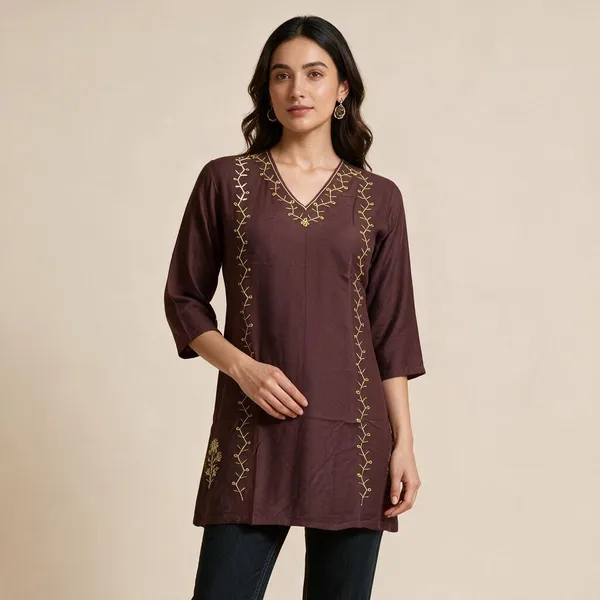 Brown_Jacquard_Silk_Embroidered_Straight_Kurti_For_Women