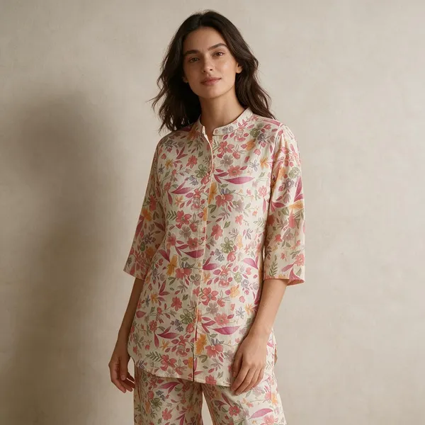 Cream_Silk_Blend_Floral_Print_Button_Down_Night_Suit_For_Women