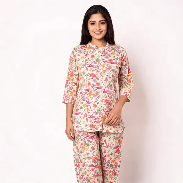 Cream_Silk_Blend_Floral_Print_Button_Down_Night_Suit_For_Women