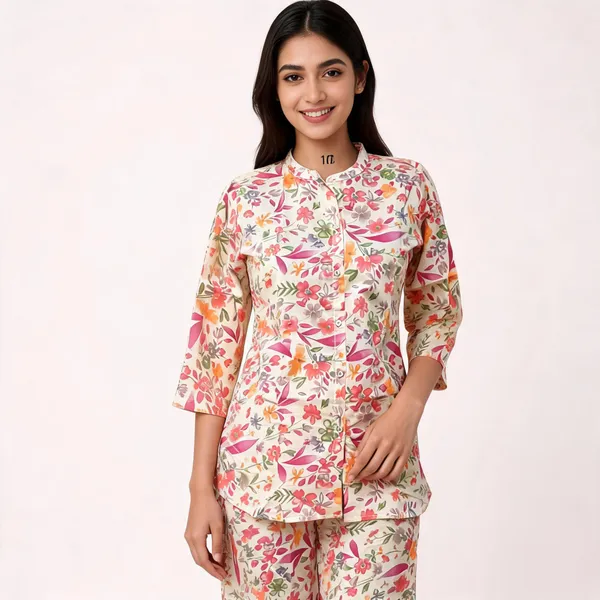 Cream_Silk_Blend_Floral_Print_Button_Down_Night_Suit_For_Women