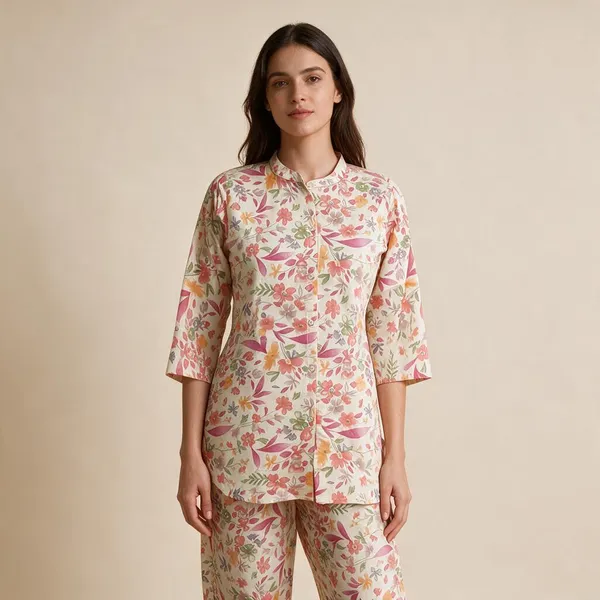 Cream_Silk_Blend_Floral_Print_Button_Down_Night_Suit_For_Women