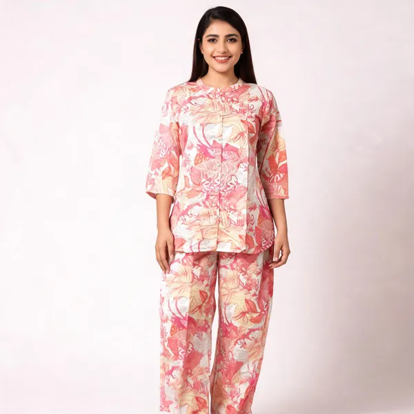 Pink_Silk_Blend_Printed_Button_Down_Night_Suit_For_Women