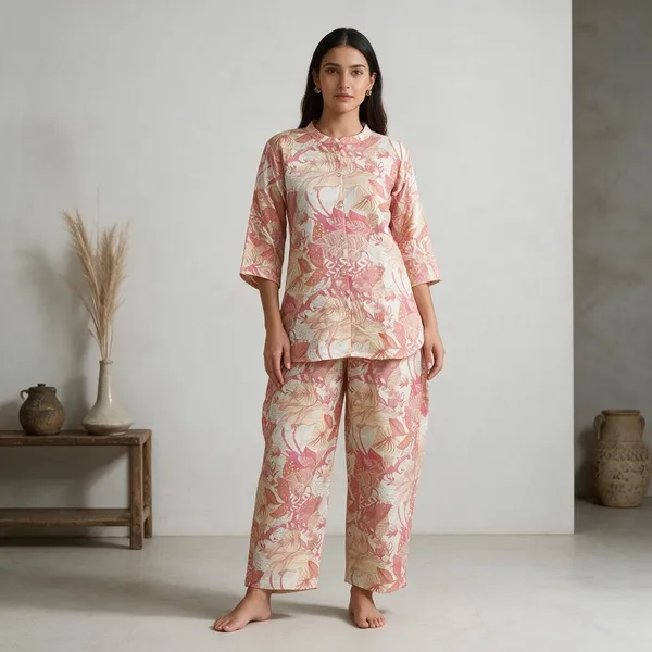 Pink_Silk_Blend_Printed_Button_Down_Night_Suit_For_Women