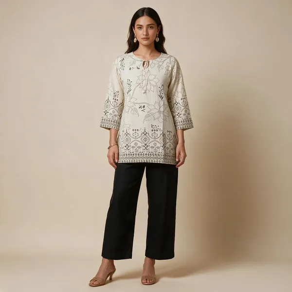 Off_White_Silk_Blend_Printed_Straight_Kurti_For_Women