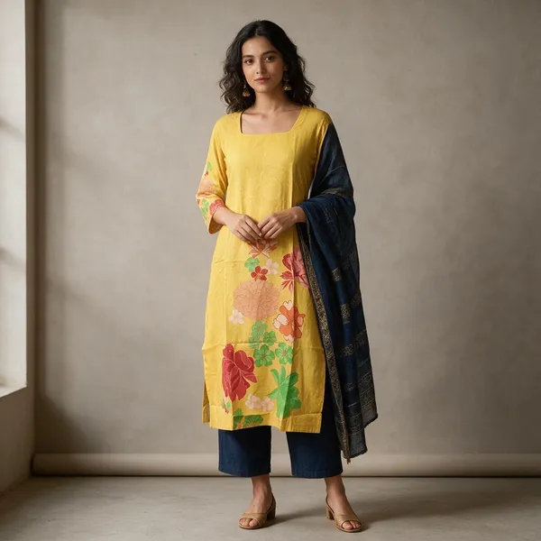 Yellow_Crepe_Floral_Print_Straight_Kurti_For_Women