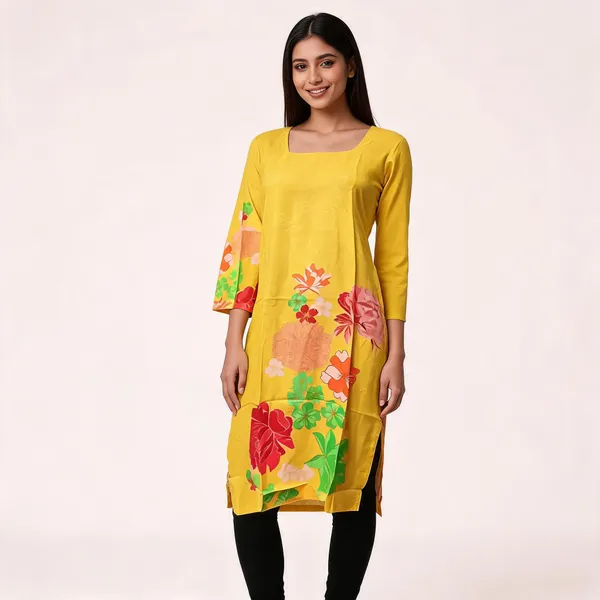 Yellow_Crepe_Floral_Print_Straight_Kurti_For_Women